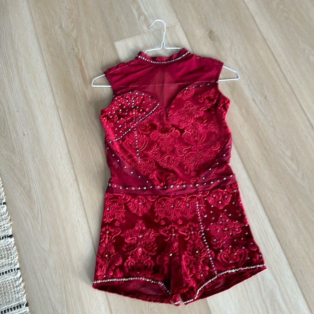 Adult M dance costume one piece shorts sequined. Cherry burgundy color
